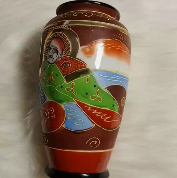 Vintage Japanese Satsuma Four Corners Vase Man Woman Gold Painted Moriage Brown - Picture 5 of 7